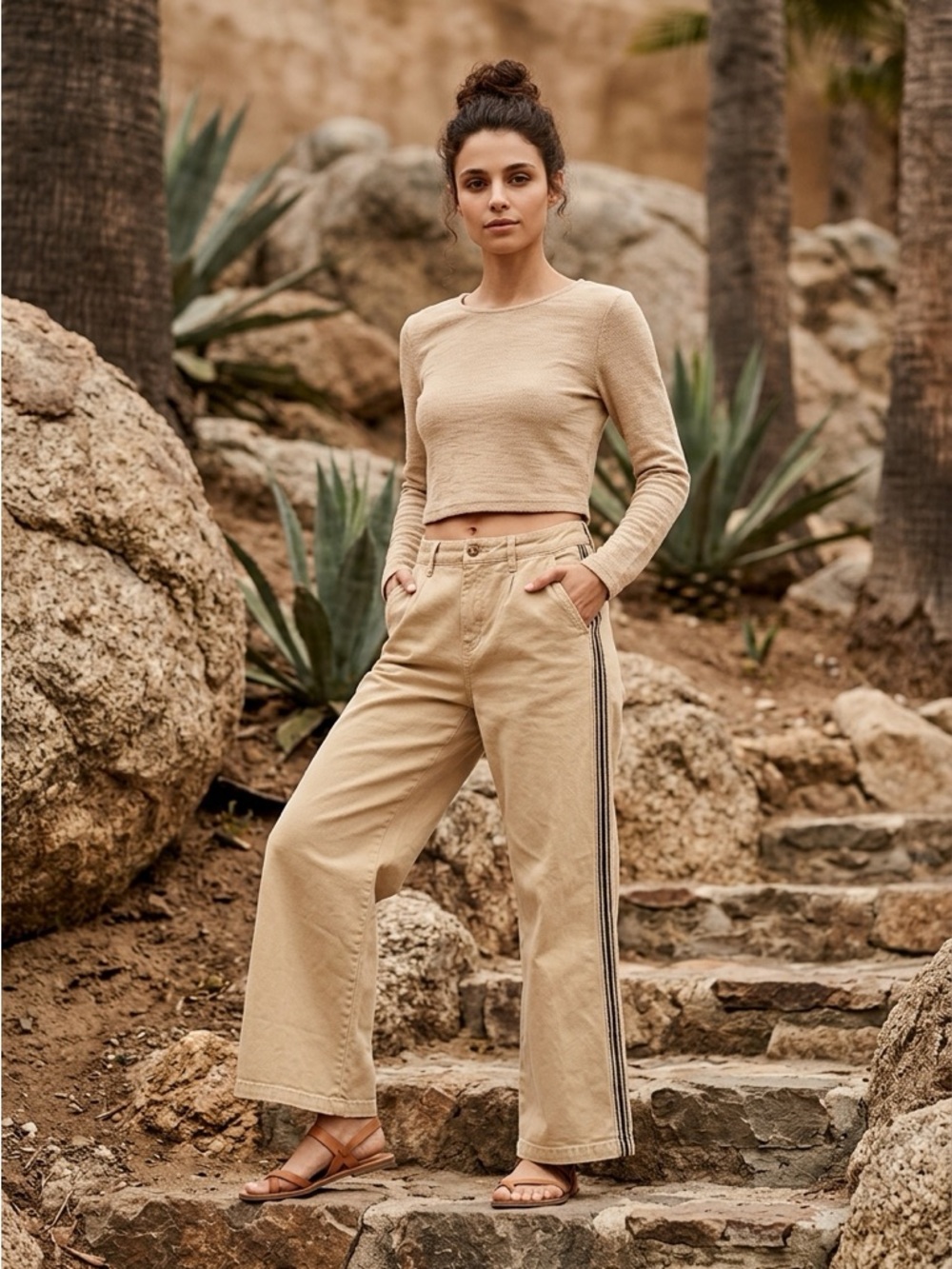 American Eagle Outfitters Beige Wide-Leg Track Stripe Pants